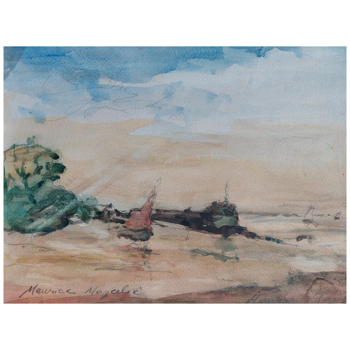 French Modernist Cubist Painting Red Sail on the Beach For Sale