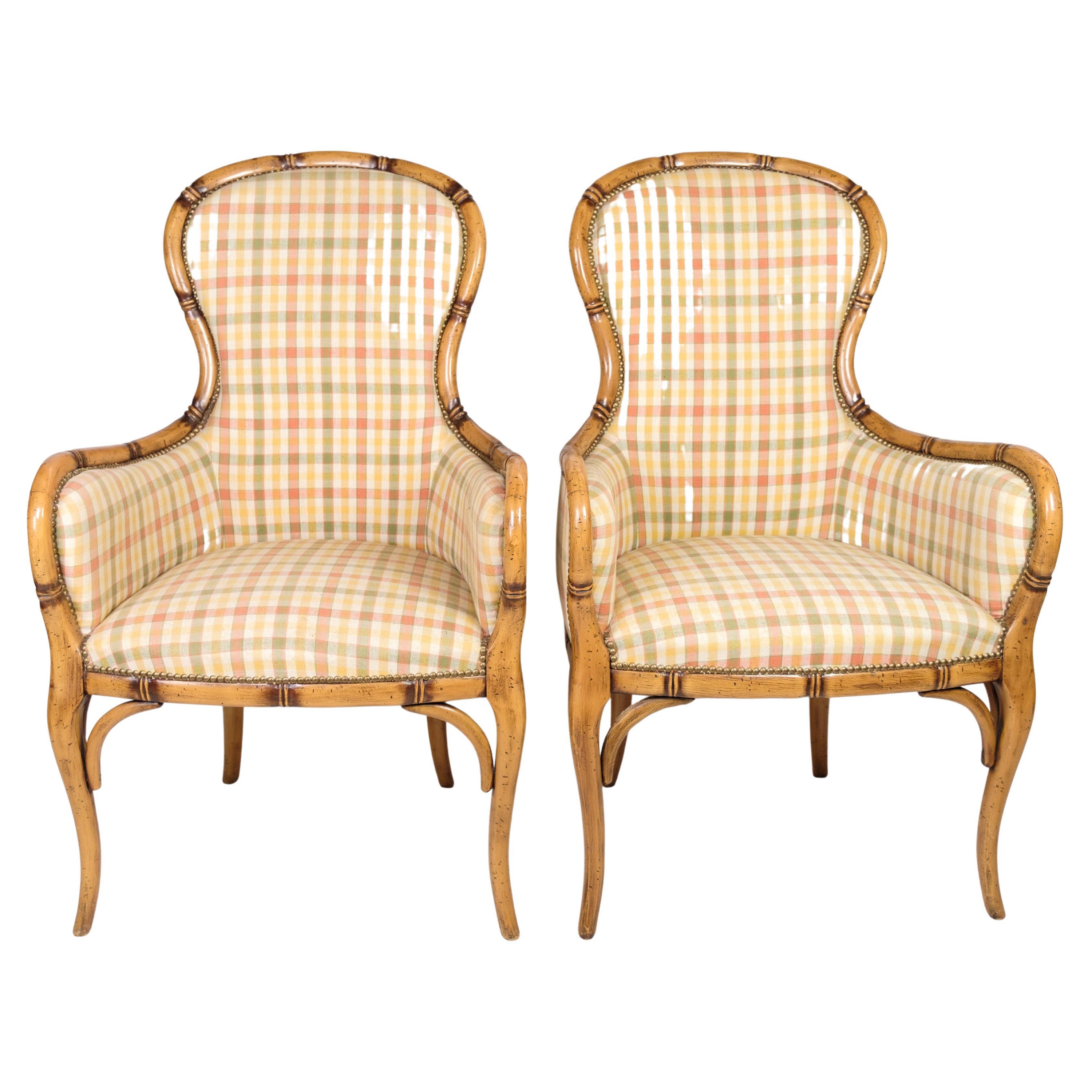 Pair Of Armchairs Made In Checkered Light Fabric & Wood From 1920s