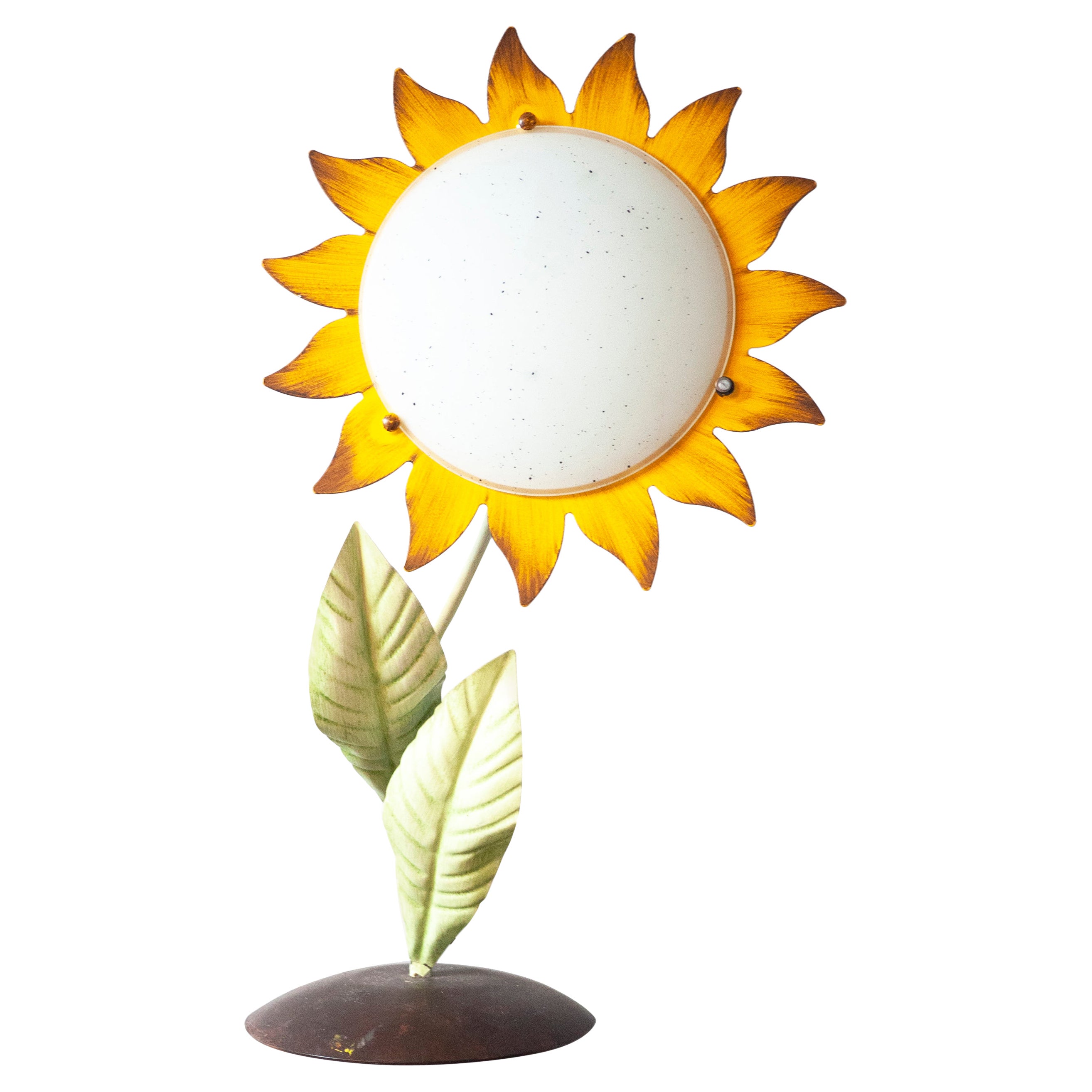 Decorative Midcentury Italian Metal Painted Sunflower Table Lamp, 1970s For Sale