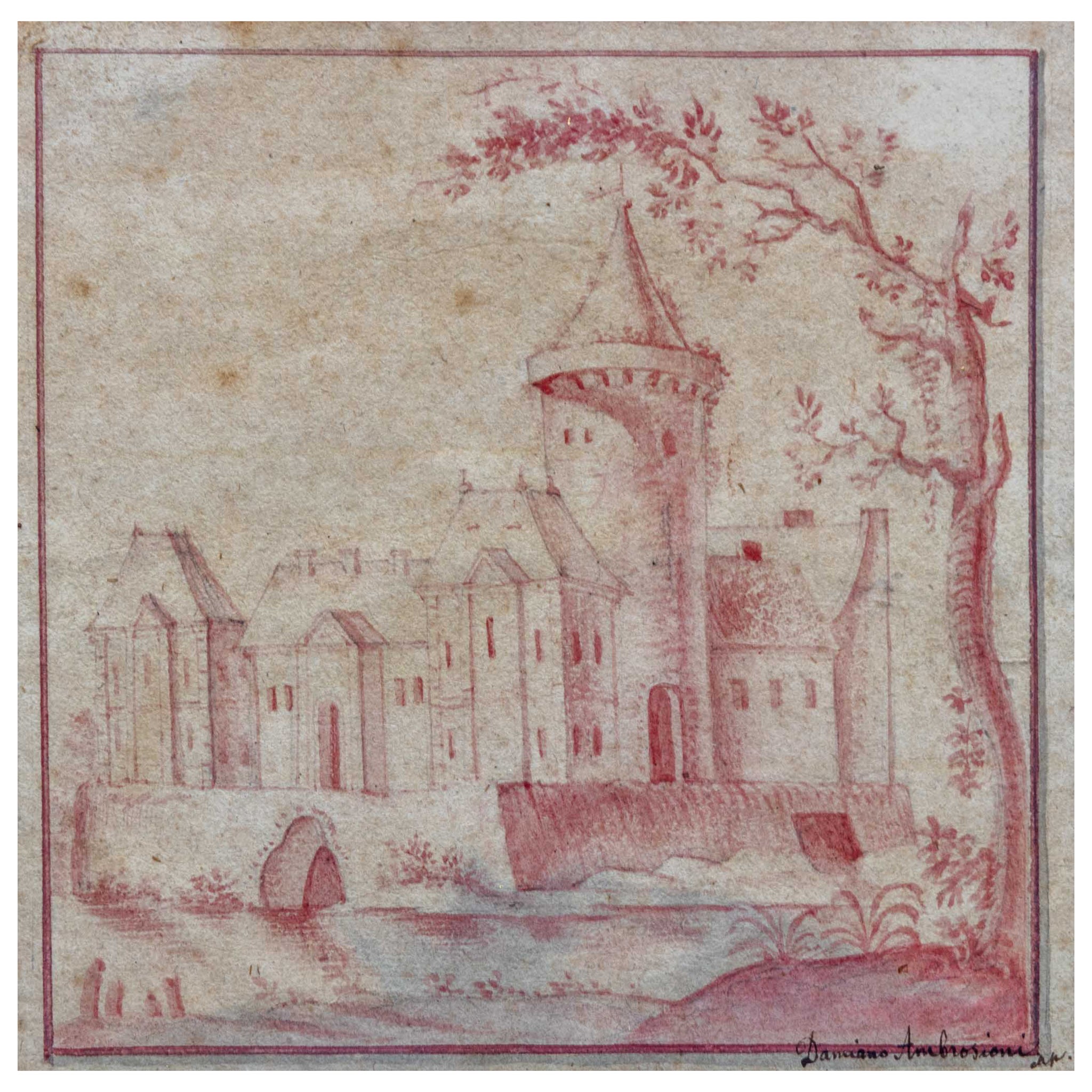 Damiano Ambrosioni, Red Chalk Drawing of a City, Giltwood, Italy 17th Century For Sale