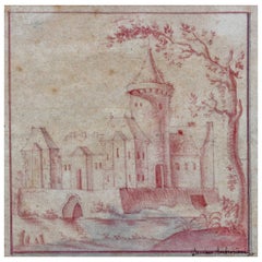 Damiano Ambrosioni, Red Chalk Drawing of a City, Giltwood, Italy 17th Century