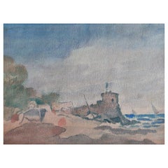 Vintage French Modernist Cubist Painting Fishing Boats by Coastal Fortification