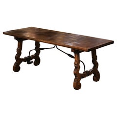 19th Century Spanish Carved Parquet Top Chestnut & Iron Stretcher Dining Table