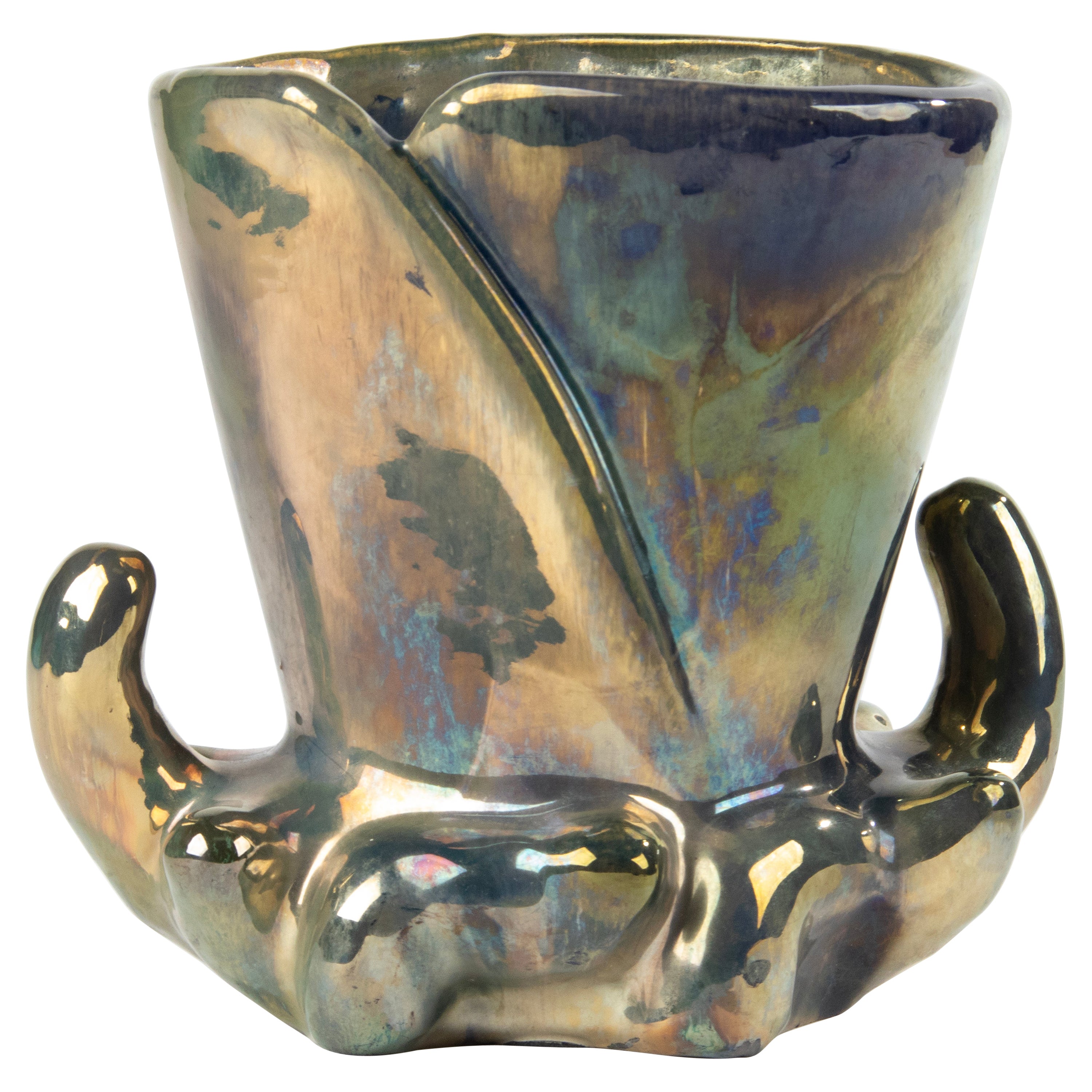 1930s Ceramic Art Deco Vase with Iridescent Glaze - Rambervilliers France For Sale