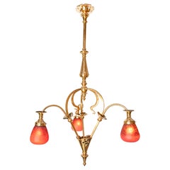 Antique Bronze and Artistic Glass Chandelier, France, Early 20th Century