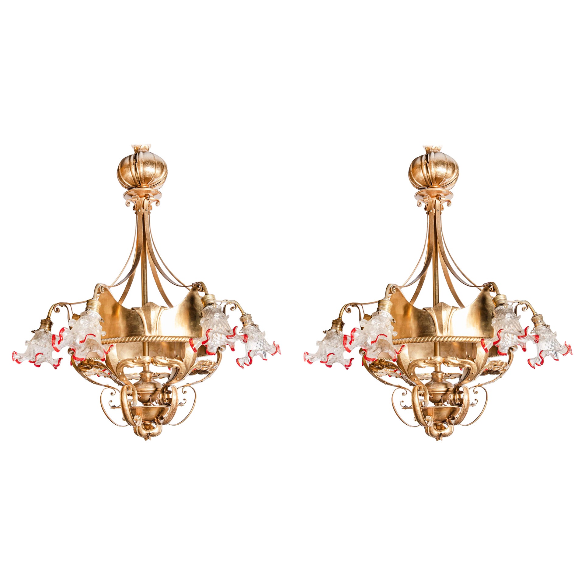 Pair of Hammered Gilt Bronze and Glass Chandeliers, France, Early 20th Century For Sale