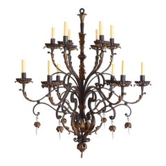 Italian Rococo Style Wrought and Parcel Gilt Iron 12-Light Chandelier, Mid-19thC