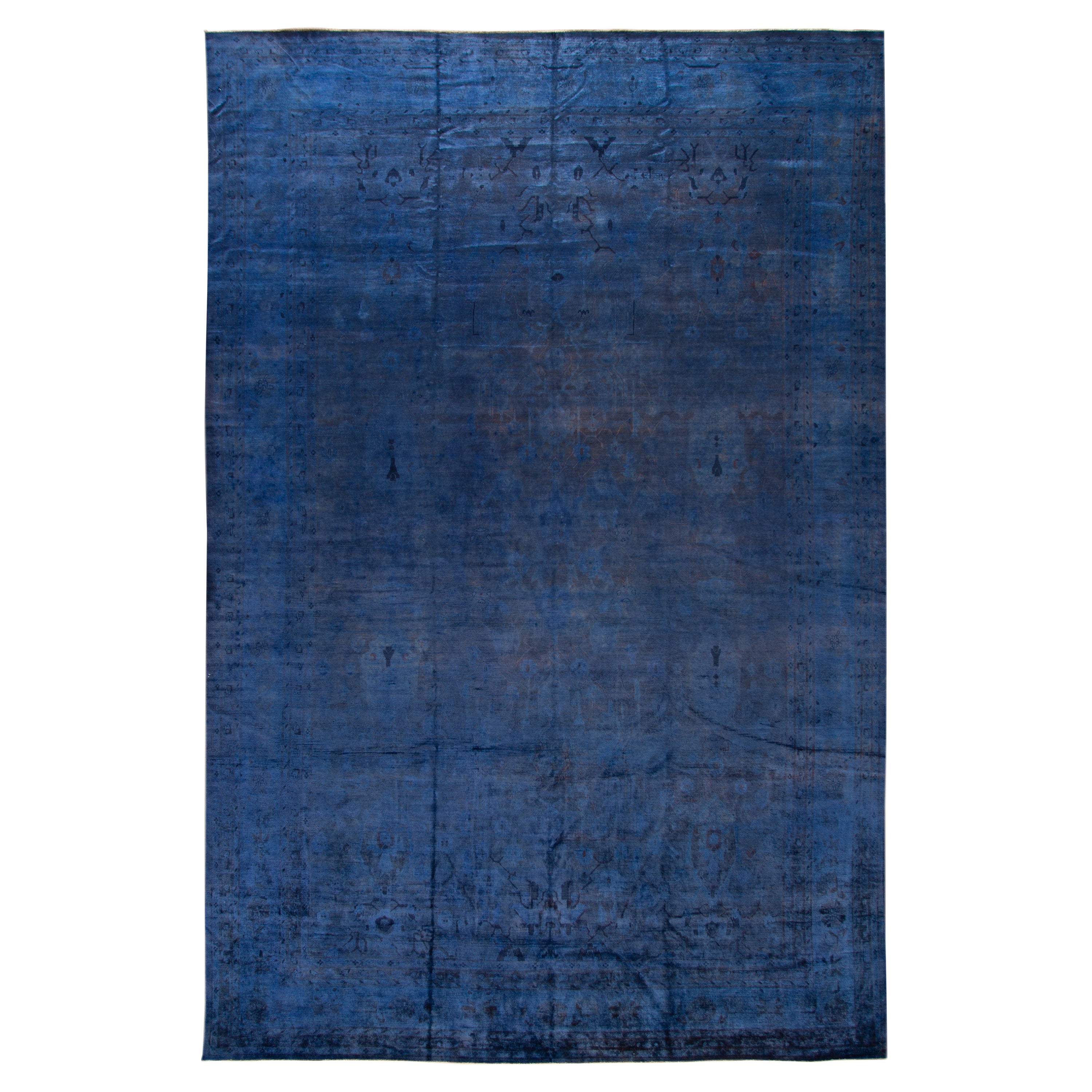 Oversize Modern Blue Overdyed Wool Rug Handmade with Floral Motif For Sale