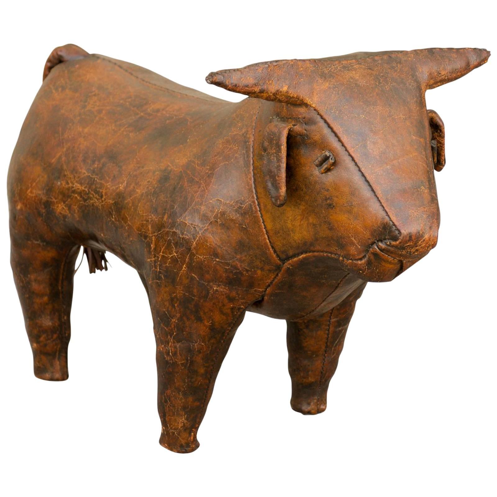 English Mid-20th Century Leather Bull Foot Stool