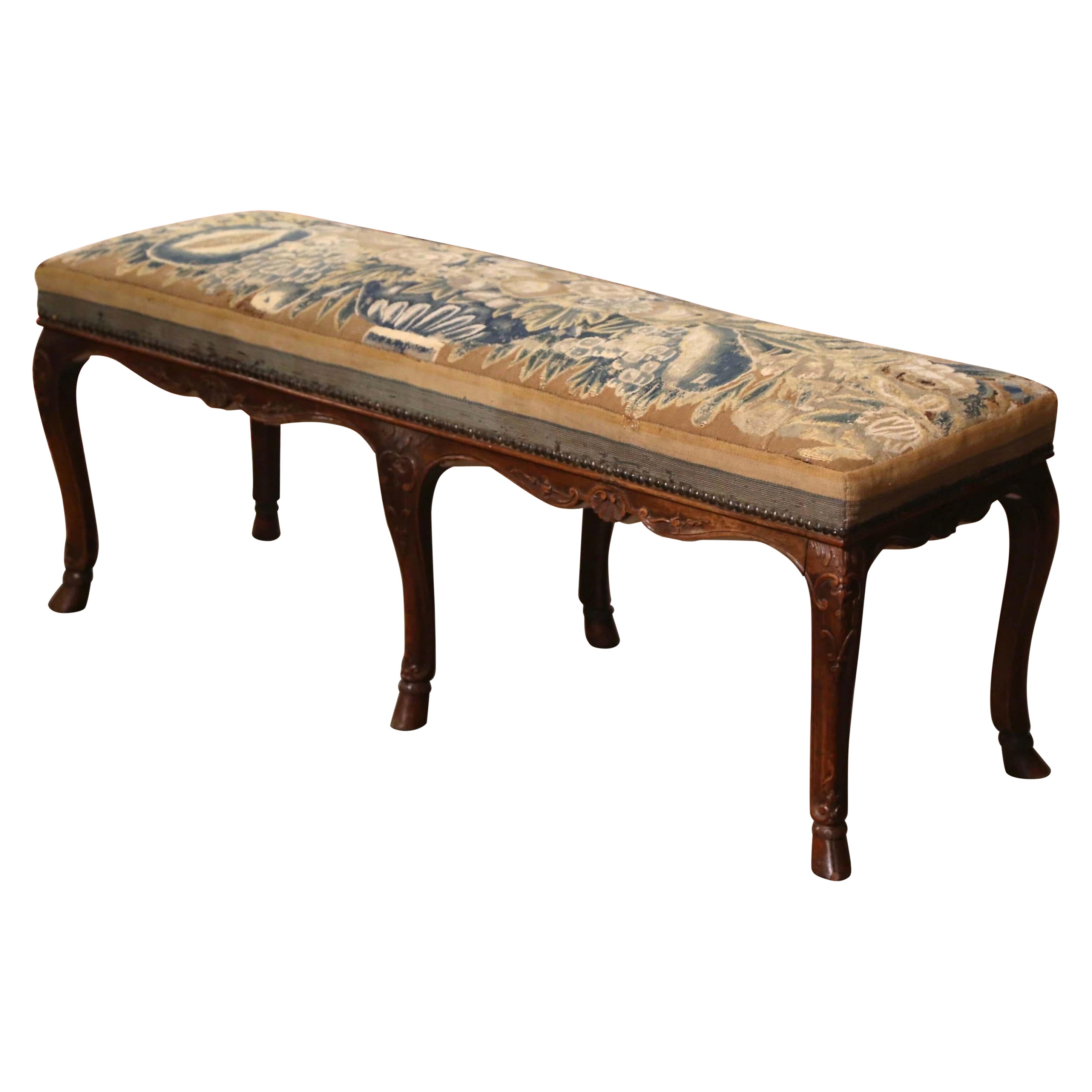 18th Century French Louis XV Carved Walnut Six-Leg Bench with Aubusson Tapestry
