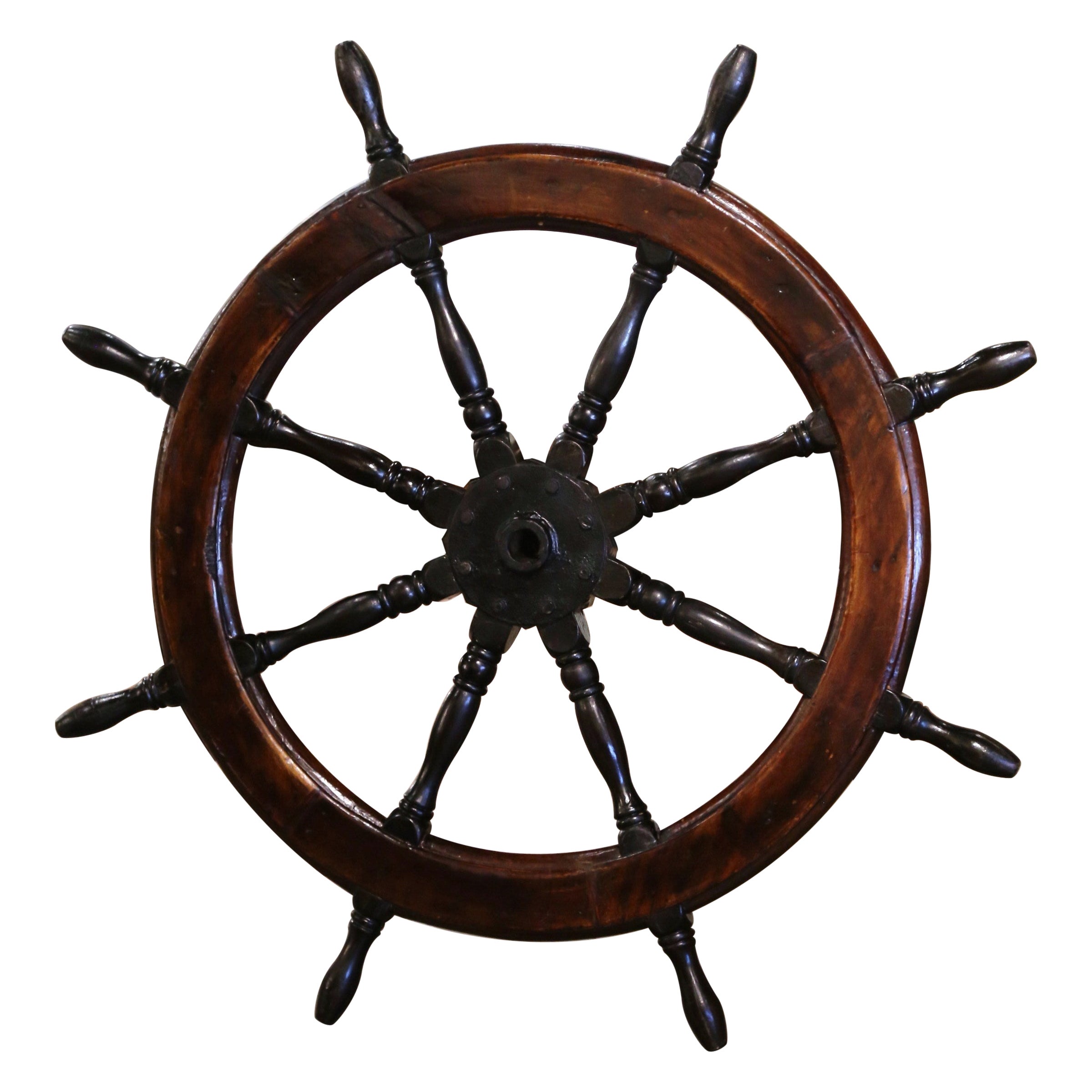 19th Century French Carved Walnut and Iron Sailboat Wheel