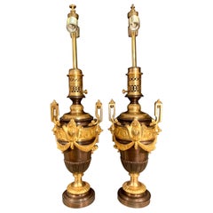 Pair French Patinated Bronze and Ormolu Vases Mounted Table Lamps