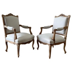 Early 20th Century Bleached Walnut and Linen Upholstered Open Arm Chairs