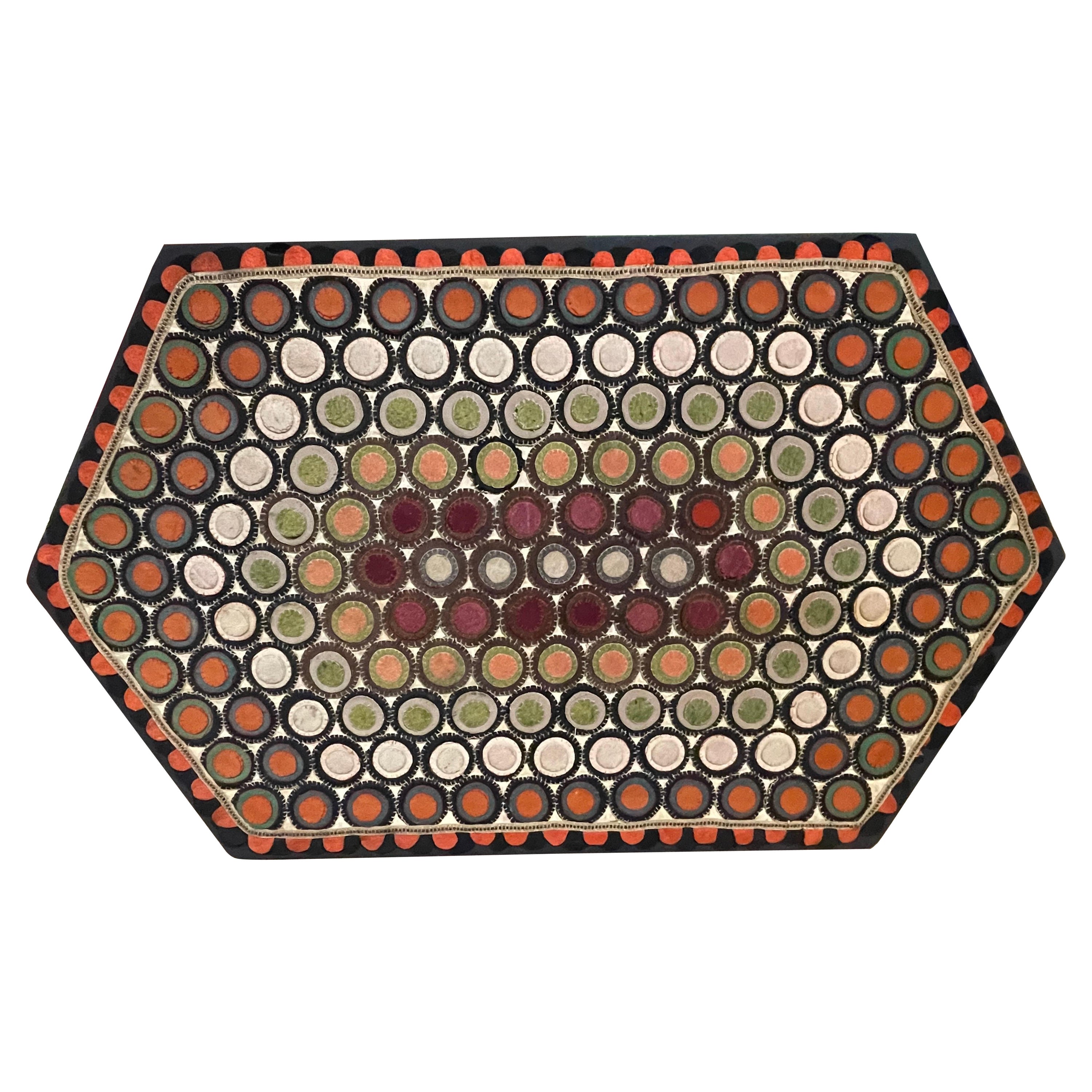 19th Century, Elongated Hexagonal Appliqué Penny Rug, Mounted for Hanging For Sale