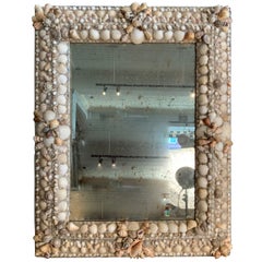 Retro 1950s Wall Mirror with Elaborately Decorated Natural Shell Border