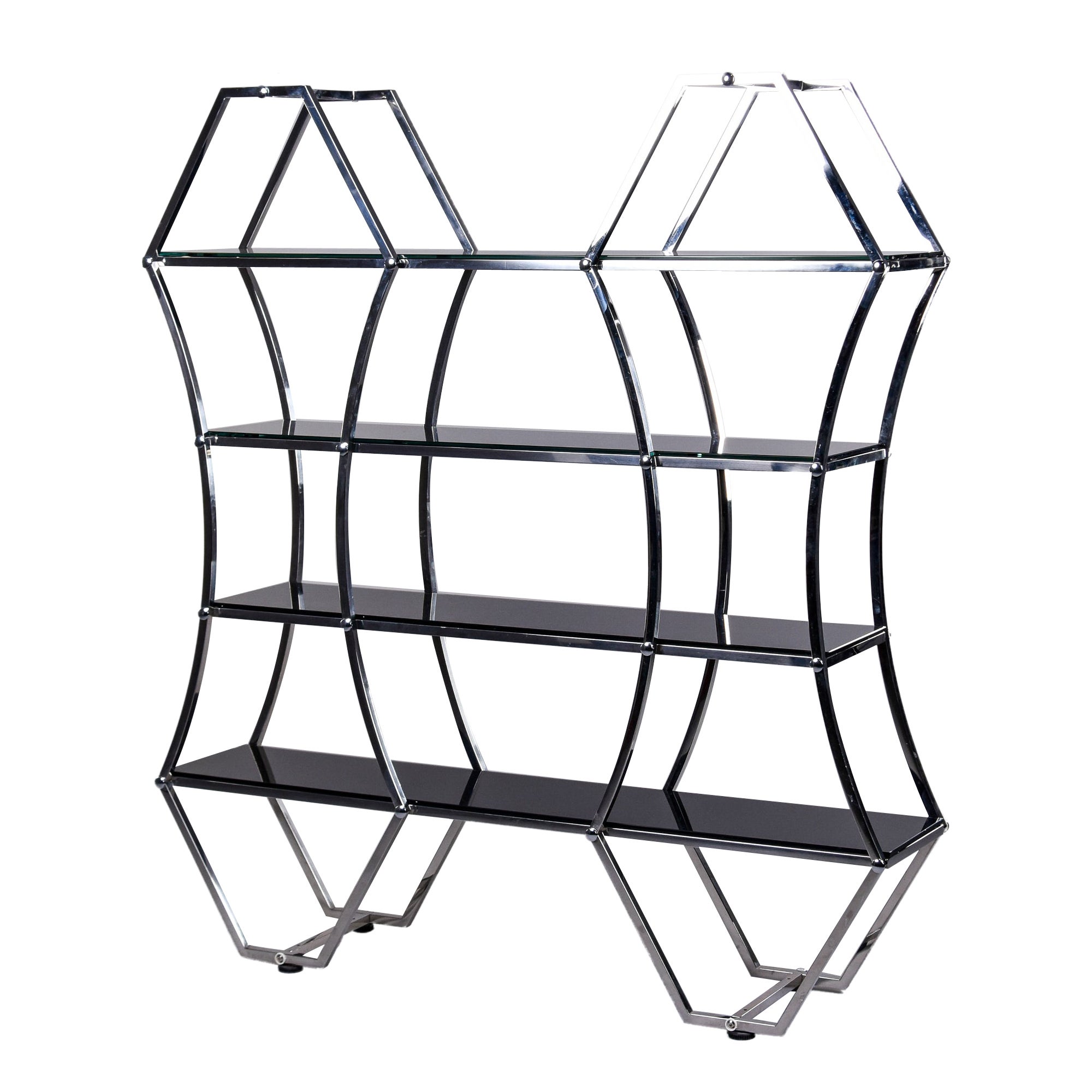 Large Midcentury French Chrome and Smoked Glass Etagere