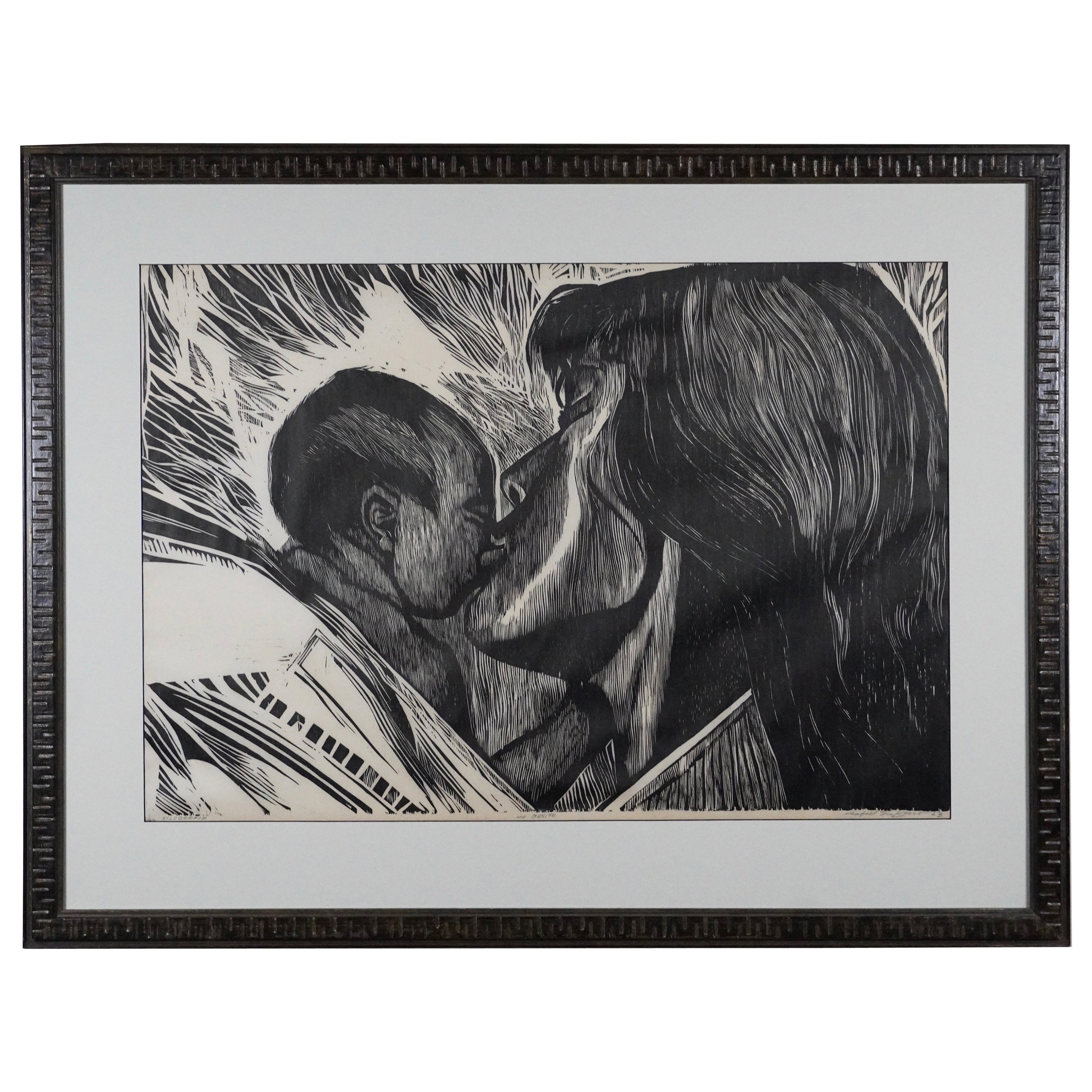 Woodblock Print by Rafael Tufino Mother & Child "Un Besito"