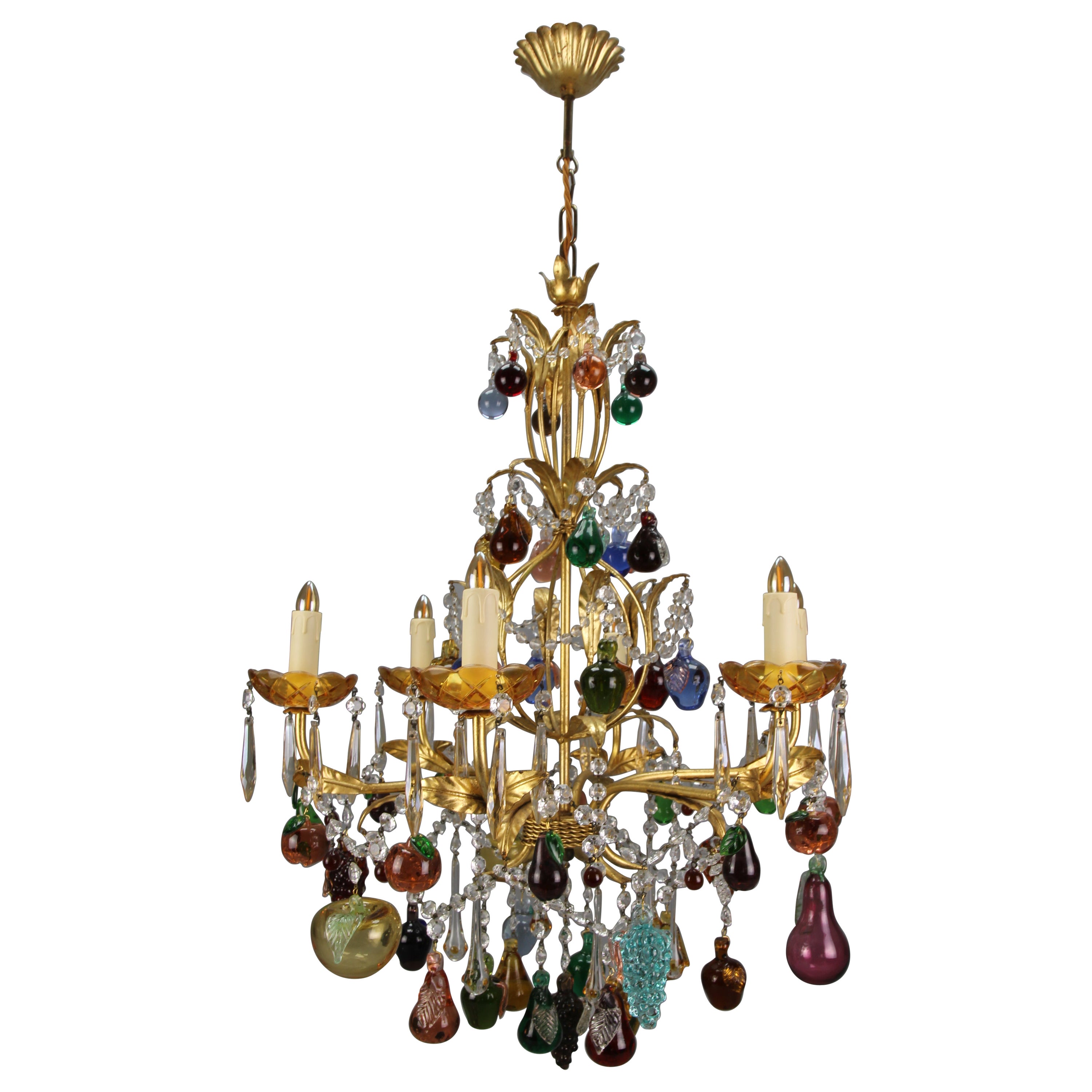 Italienischer venezianischer Sechs-Licht-Kronleuchter aus vergoldetem Metall mit Früchten aus Muranoglas