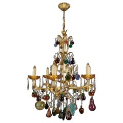 Vintage Italian Venetian Gilt Metal Six-Light Chandelier with Murano Glass Fruits