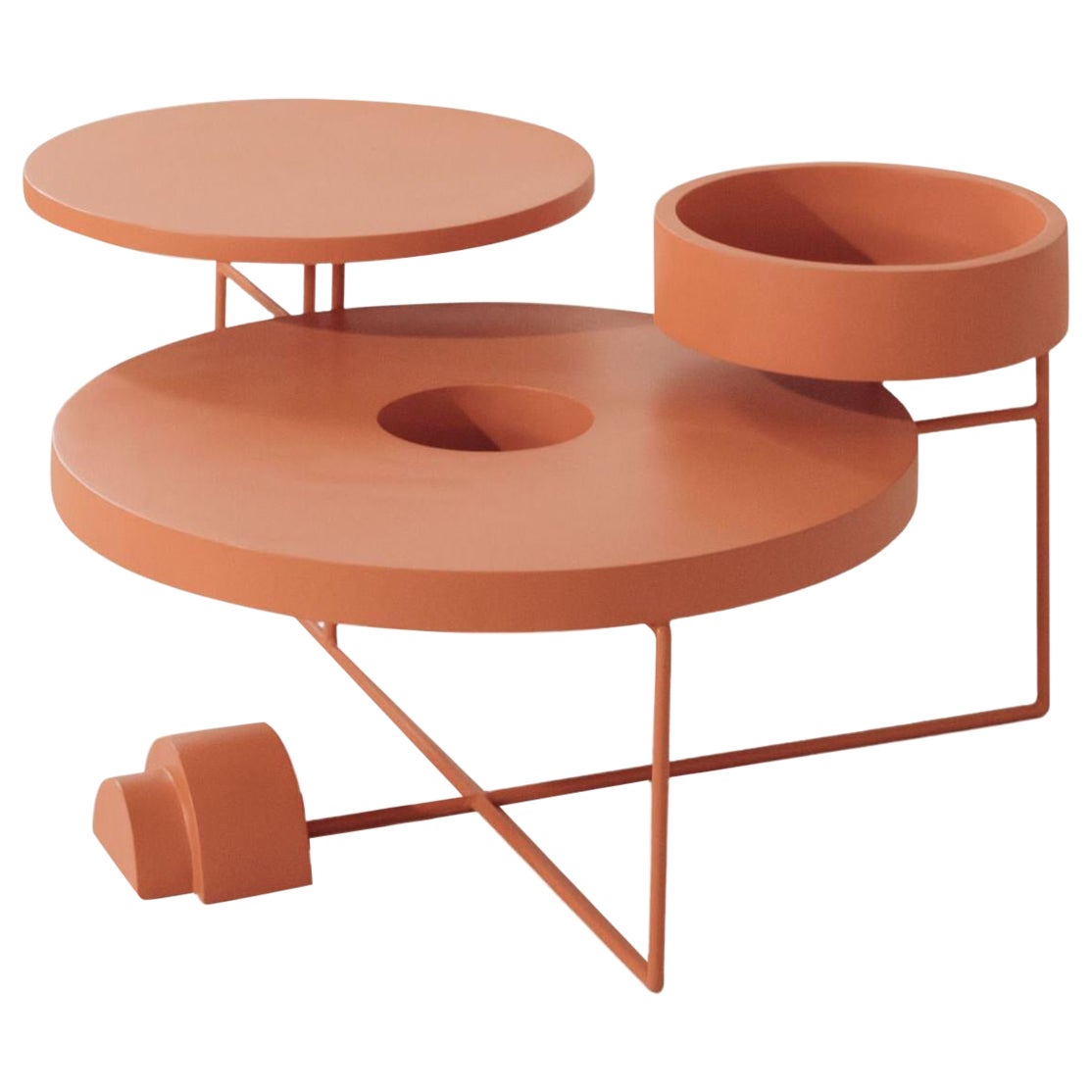 Post-Modern Coffee Table and Sculpture in Terracotta Lacquered Handmade Metal For Sale