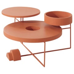 Post-Modern Coffee Table and Sculpture in Terracotta Lacquered Handmade Metal