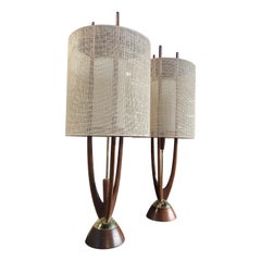 Pair of MCM Modeline of California Walnut Lamps with Original Fabric Shades