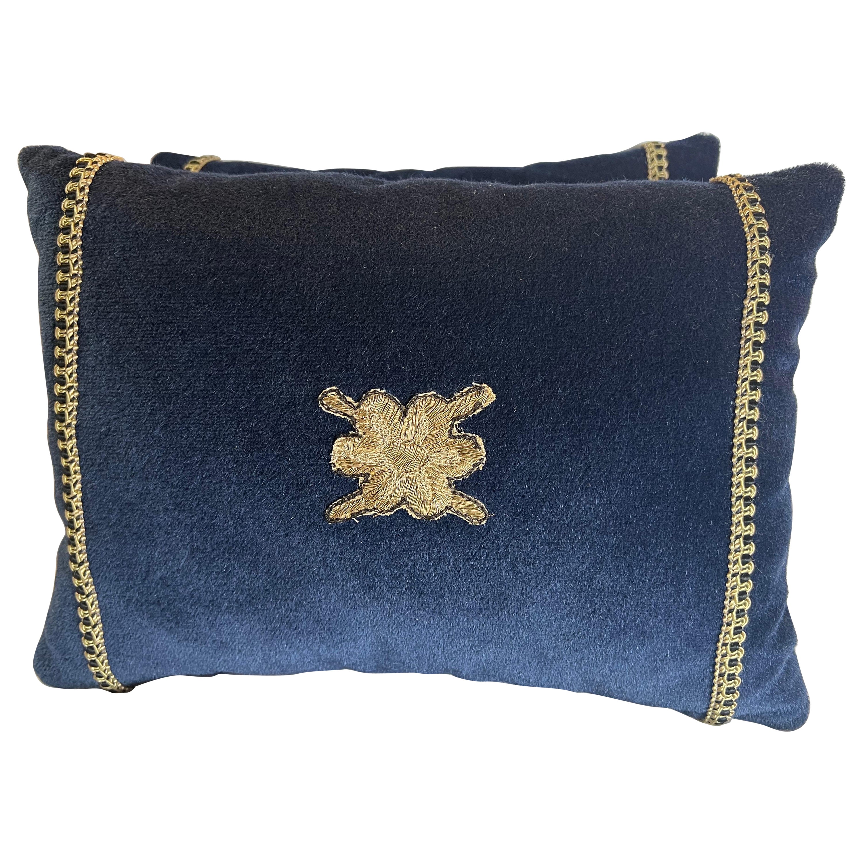 Pair of Blue Velvet Appliqued Pillows by Melissa Levinson For Sale