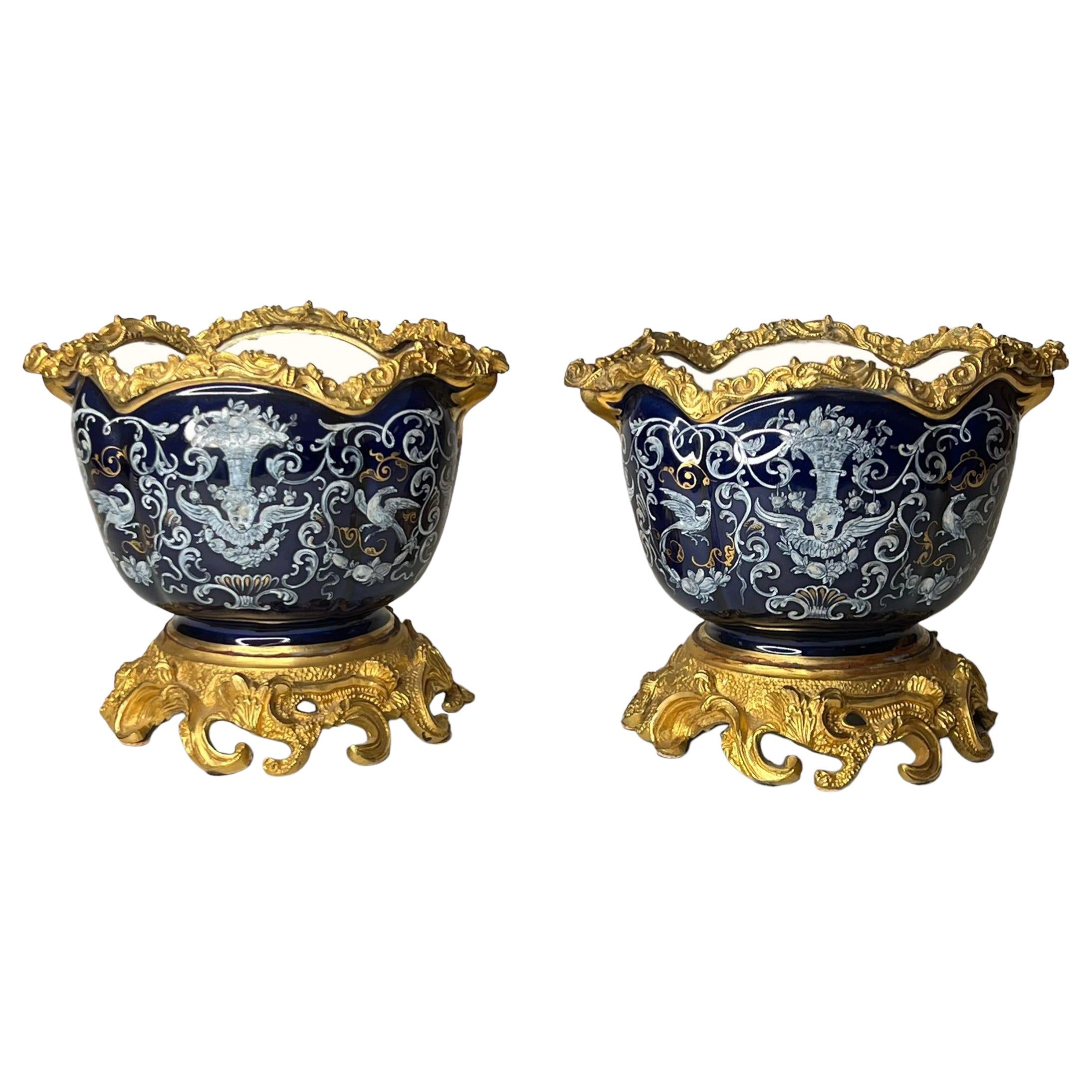 Pair Gilt Bronze Mounted Porcelain Cachepots with Neoclassical Grisaille Designs For Sale