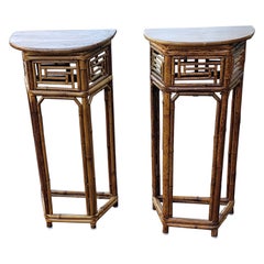 Pair of Midcentury Asian Bamboo and Wood Demilune Side Tables or Plant Stands