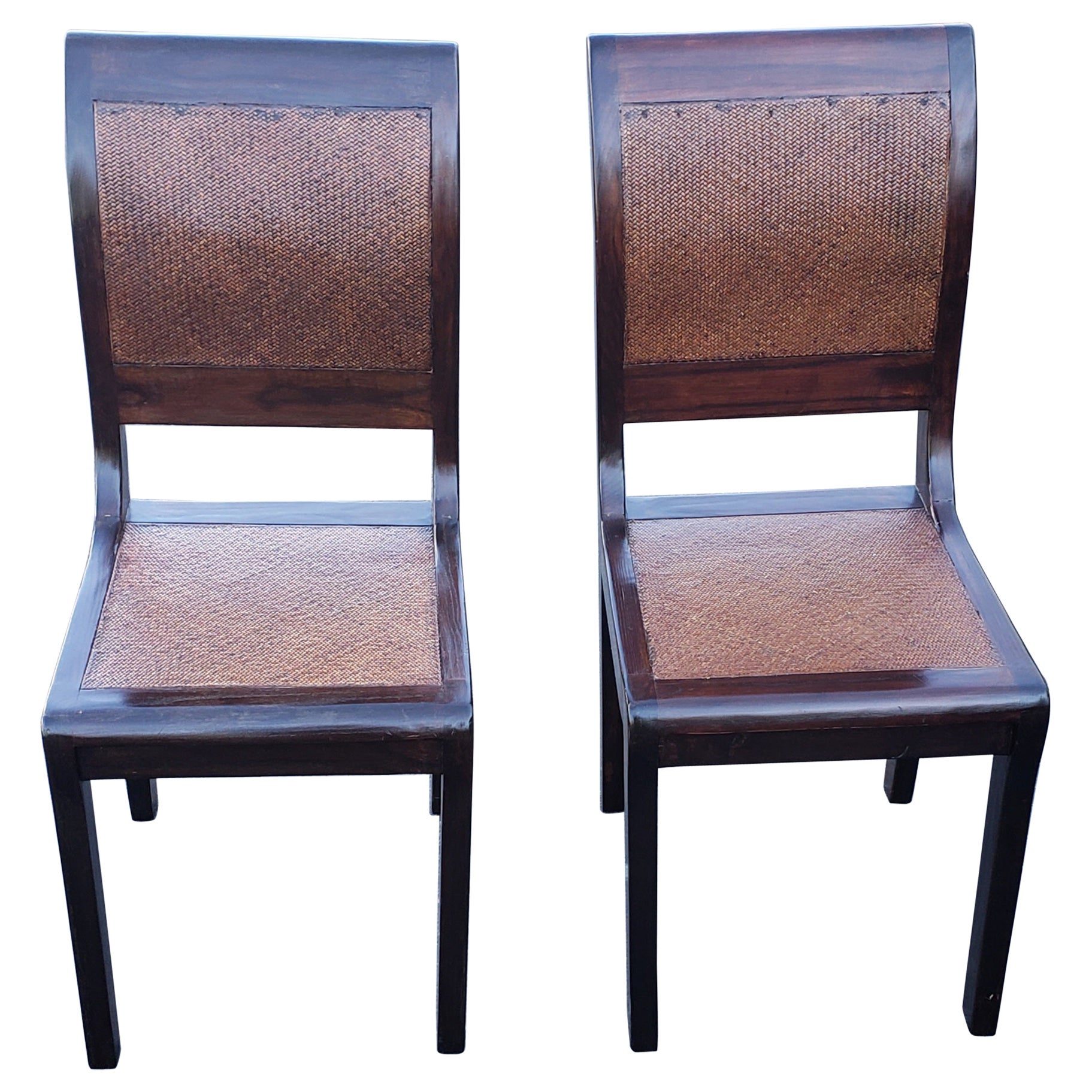 Pair of 1950s Rosewood and Braided Wicker over Hardwood Seat and Back Chairs