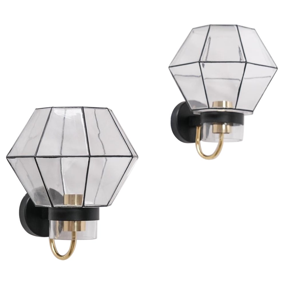Pair of Midcentury Glass and Brass Wall Lights For Sale