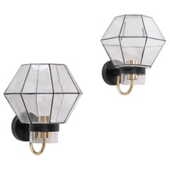 Vintage Pair of Midcentury Glass and Brass Wall Lights