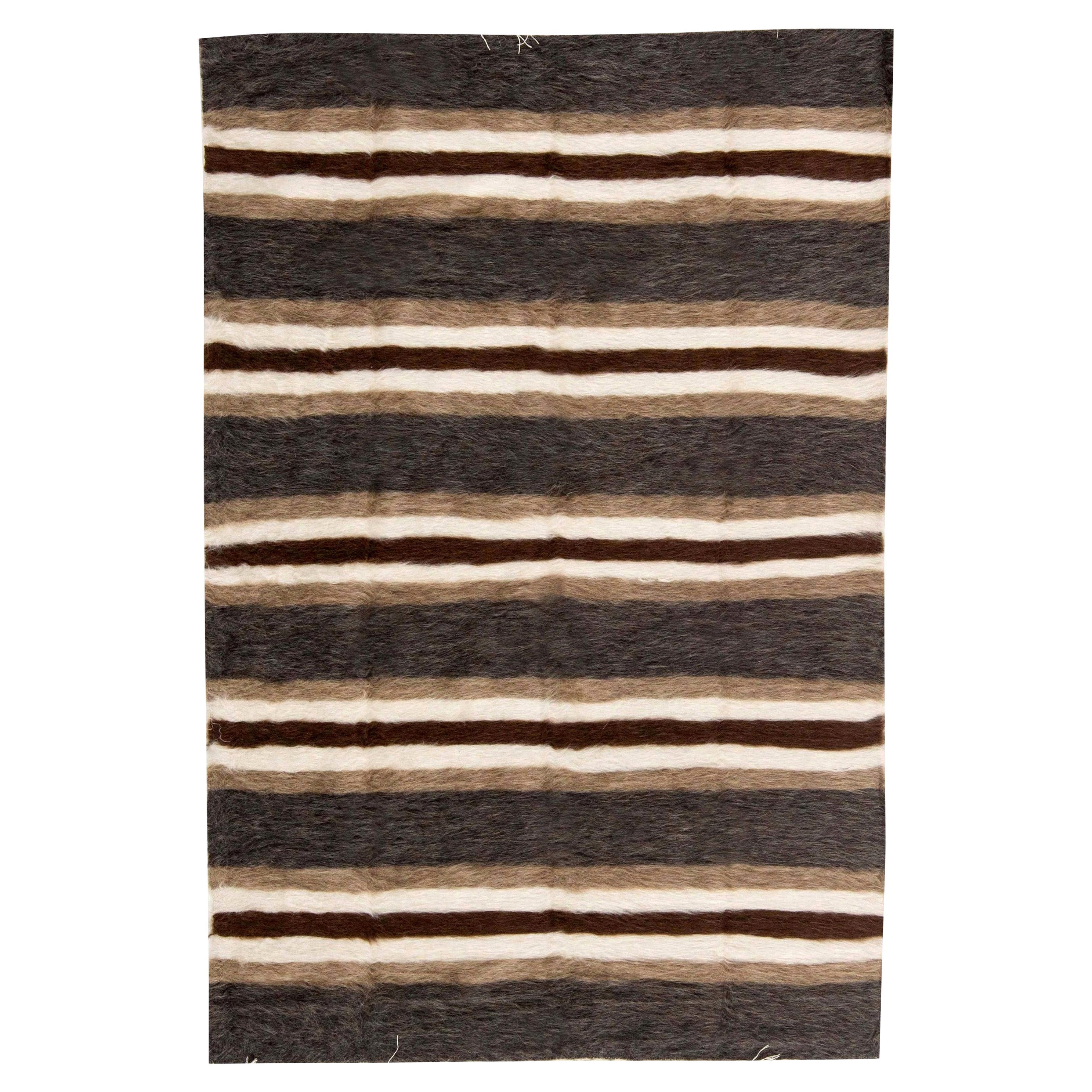 Taurus Collection Striped Brown, White, Grey, Goat Hair Rug by Doris Leslie Blau For Sale