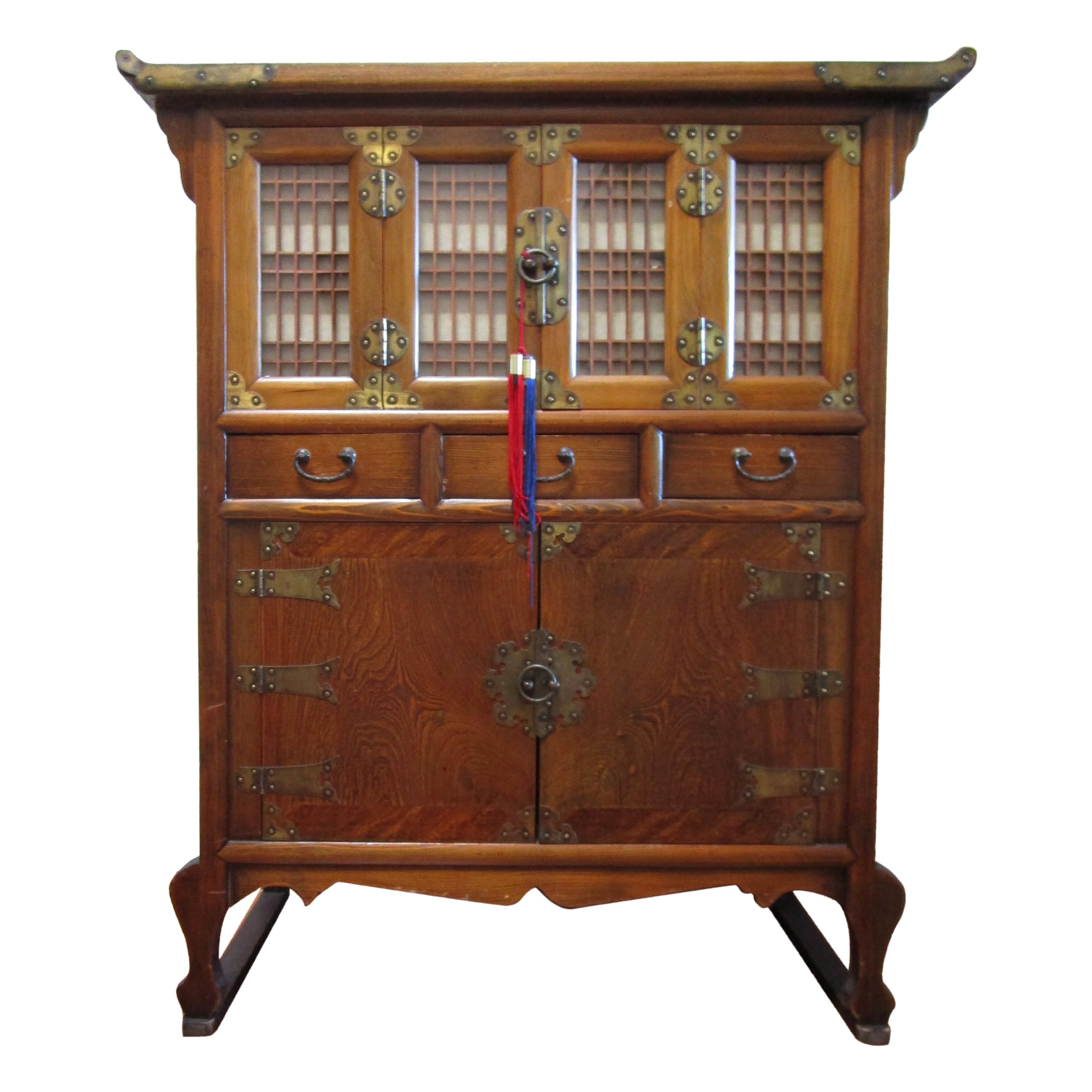Vintage Korean Brass and Elm Storage Cabinet with Cabriole Legs For Sale