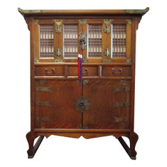 Vintage Korean Brass and Elm Storage Cabinet with Cabriole Legs