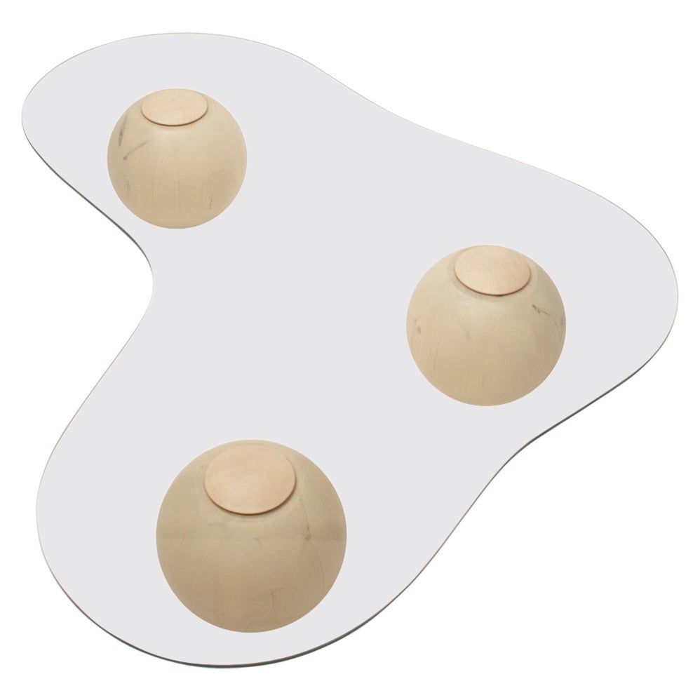 Cloud II Organic Shaped Glass Coffee Table in Beige with Solid Wood Spheres  For Sale
