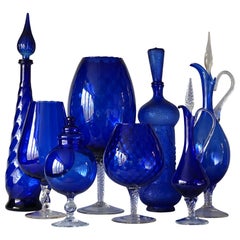 Retro 1960s Blue Glass Italian Empoli Set of Eight Genie Bottles Vases and Candy Jars