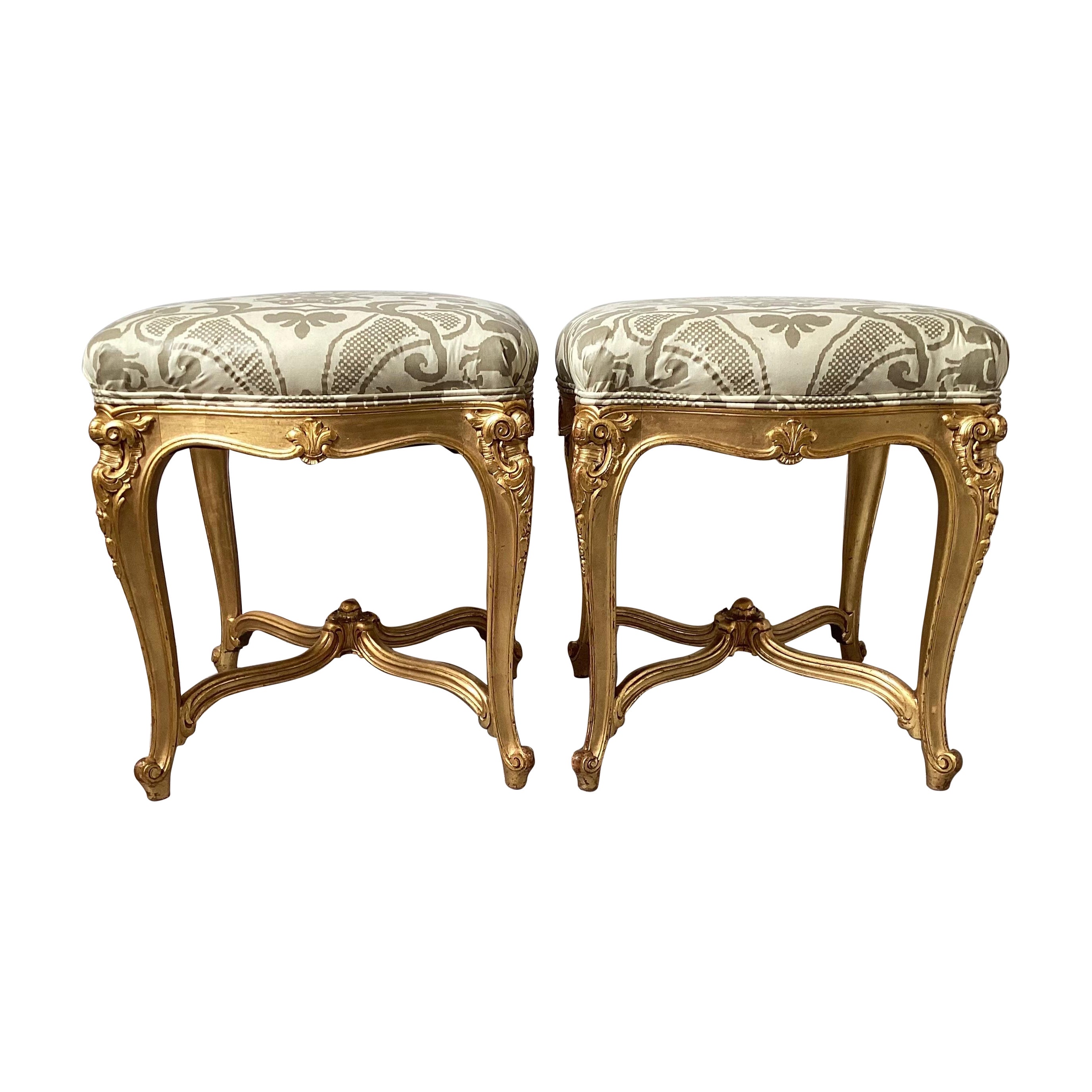 Pair of Hand Carved Giltwood Square Benches Louis XV Style circa 1900
