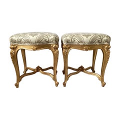 Antique Pair of Hand Carved Giltwood Square Benches Louis XV Style circa 1900