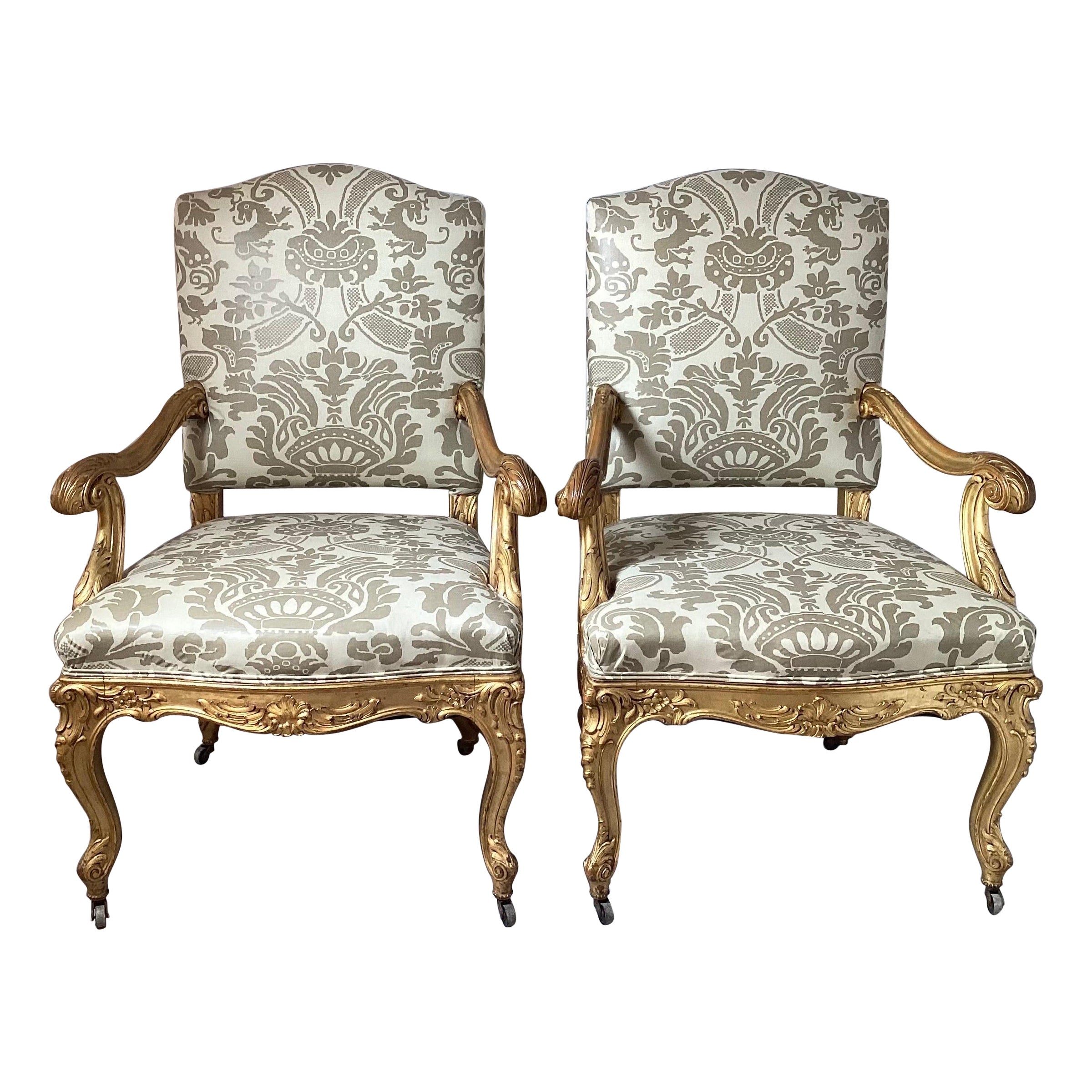 Pair of 19th Century Giltwood Fauteuils Upholstered Chairs For Sale