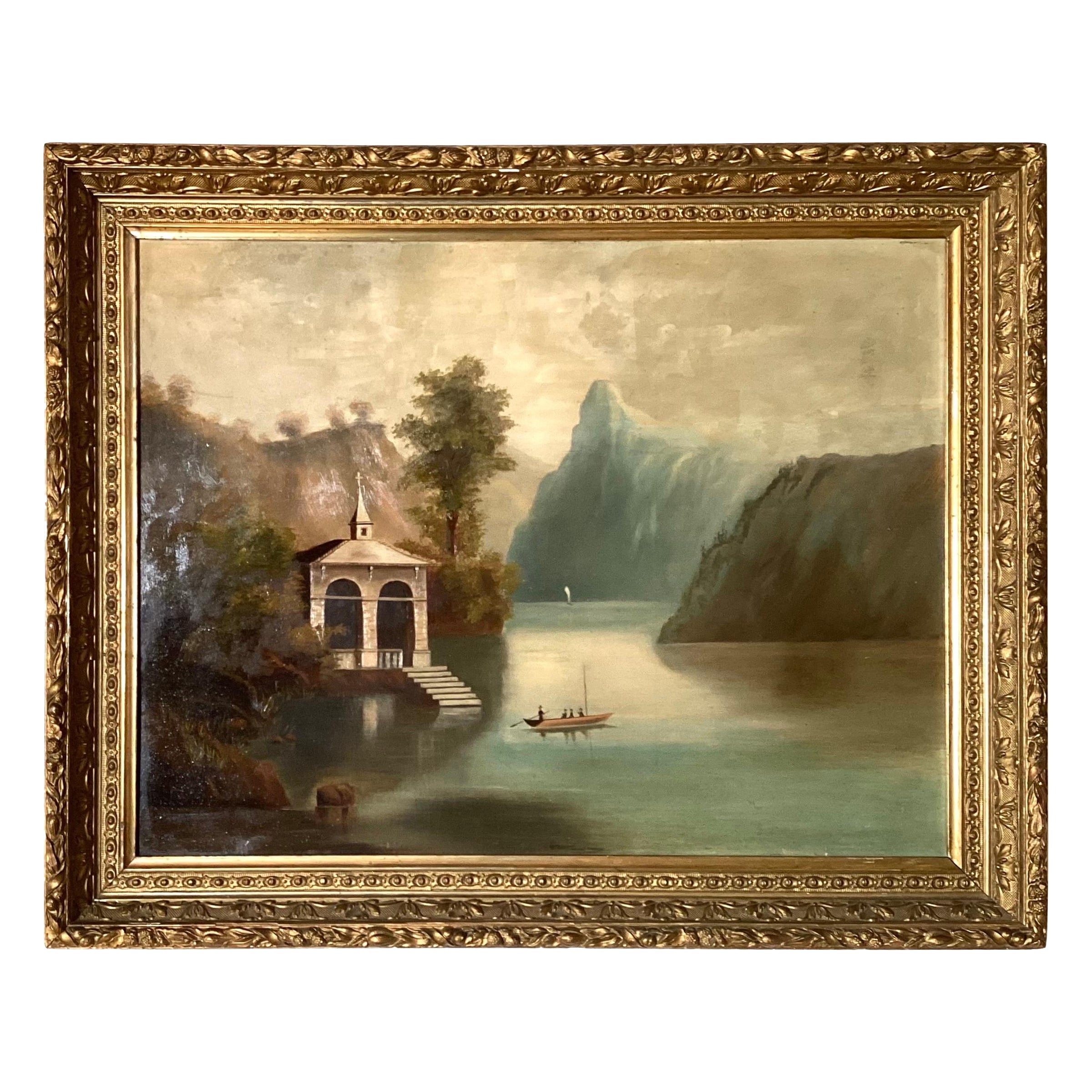 Alpine School 19th Century Oil Painting of Chapel on a Swiss River For Sale