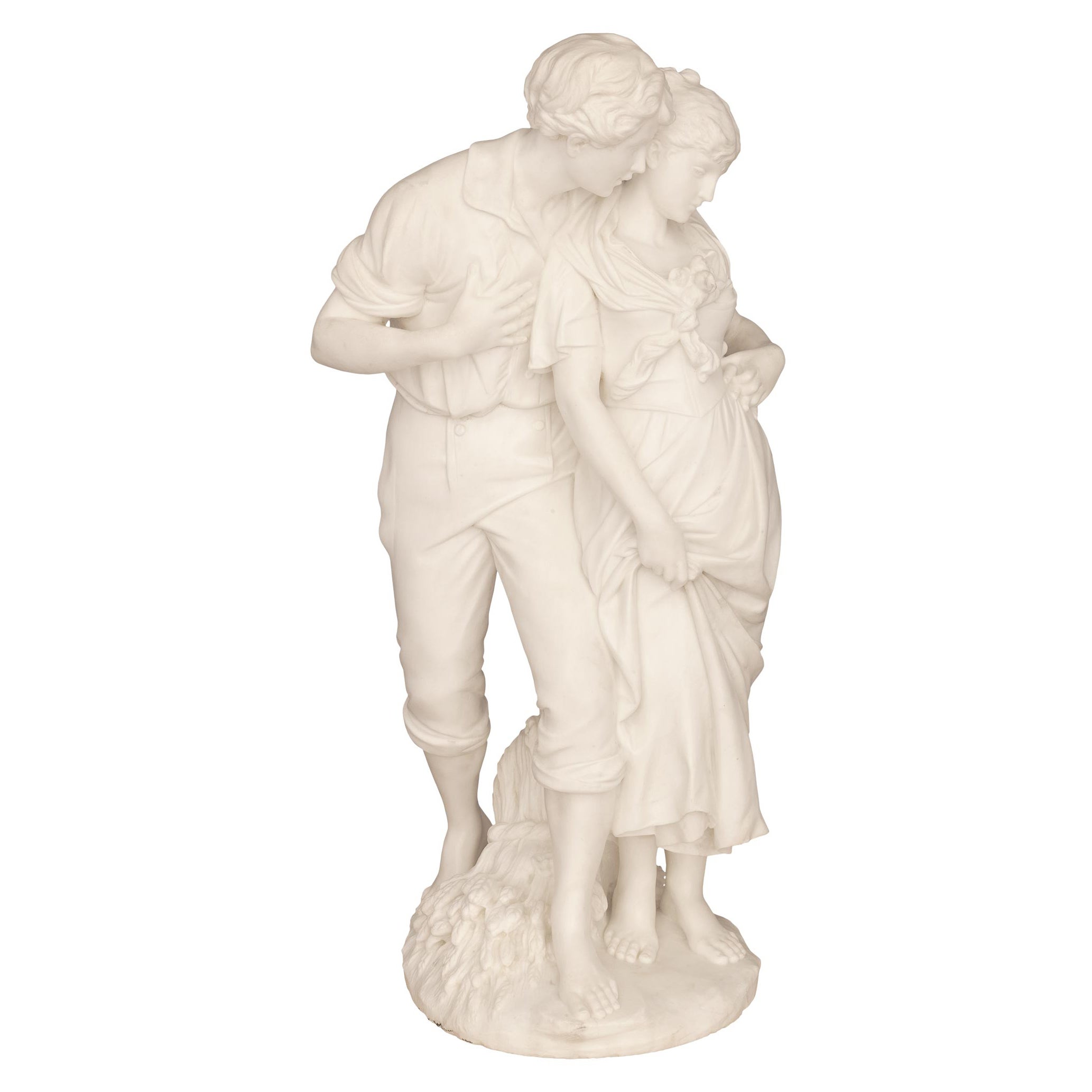 Italian 19th Century Marble Statue of Young Courtship For Sale