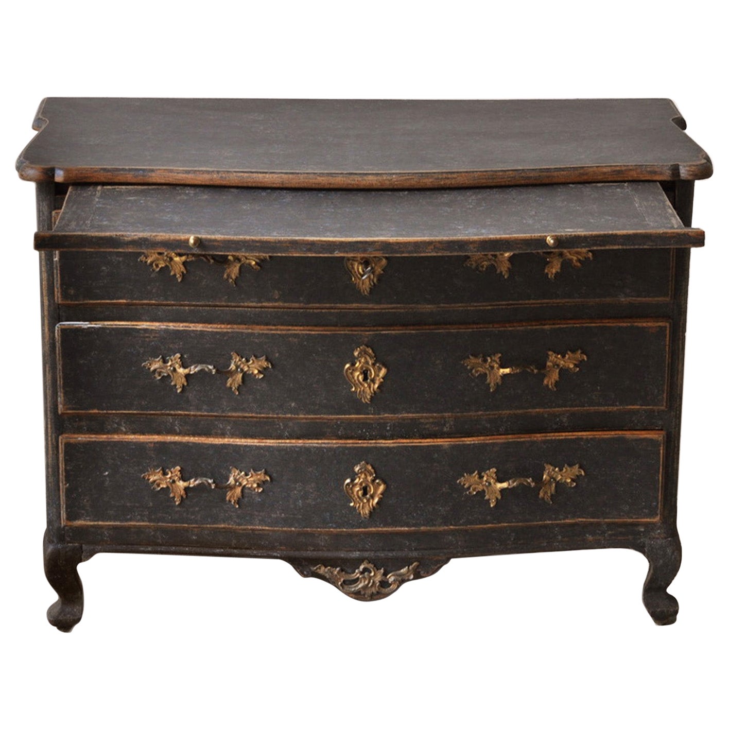 18th C. Swedish Rococo Period Black Painted Commode with Original Brass Hardware For Sale