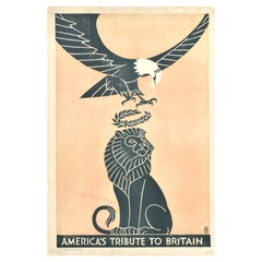 Original Antique War Poster America's Tribute To Britain WWI Eagle Lion Design