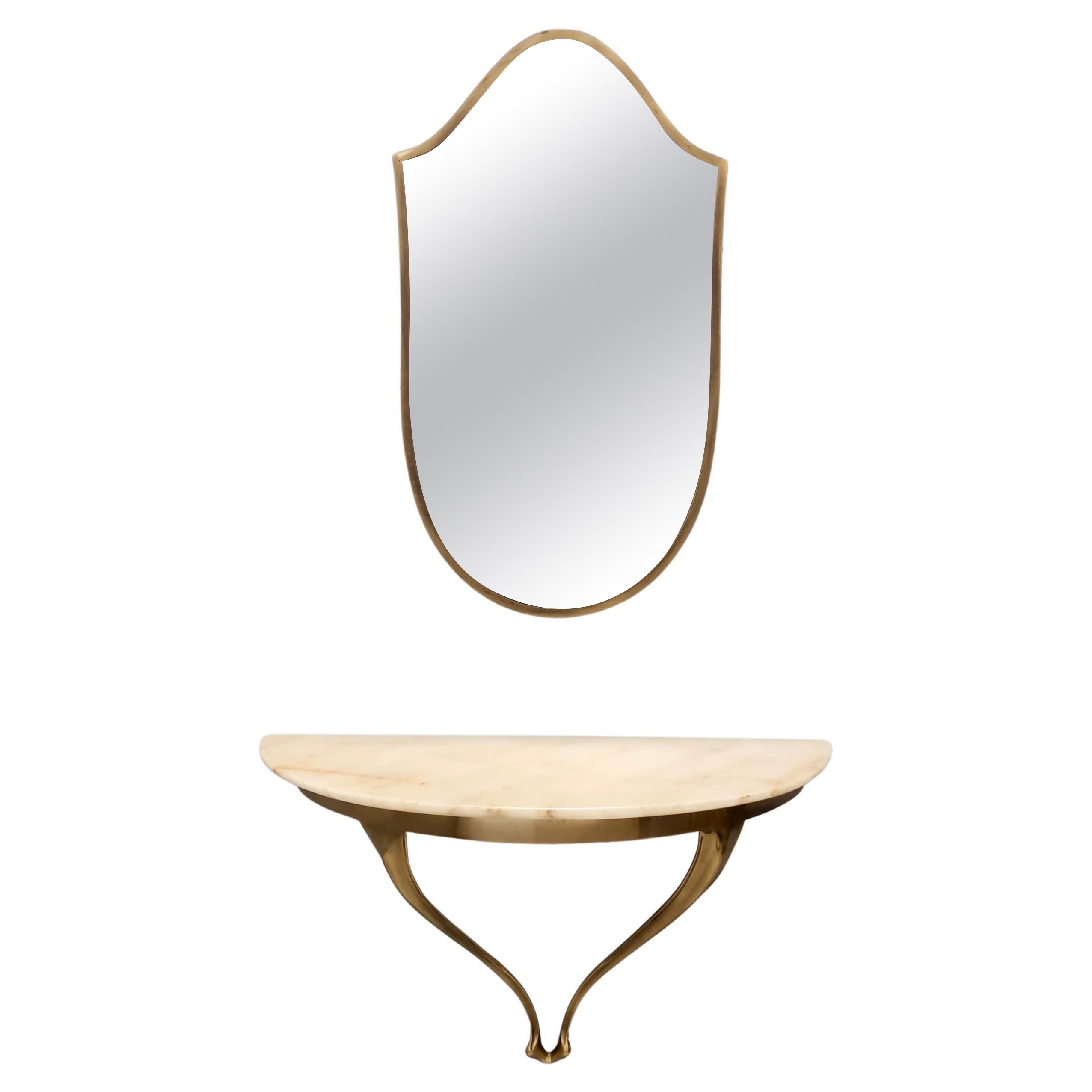 Vintage Shield Wall Mirror and a Wall-Mounted Console with a Marble Top, Italy