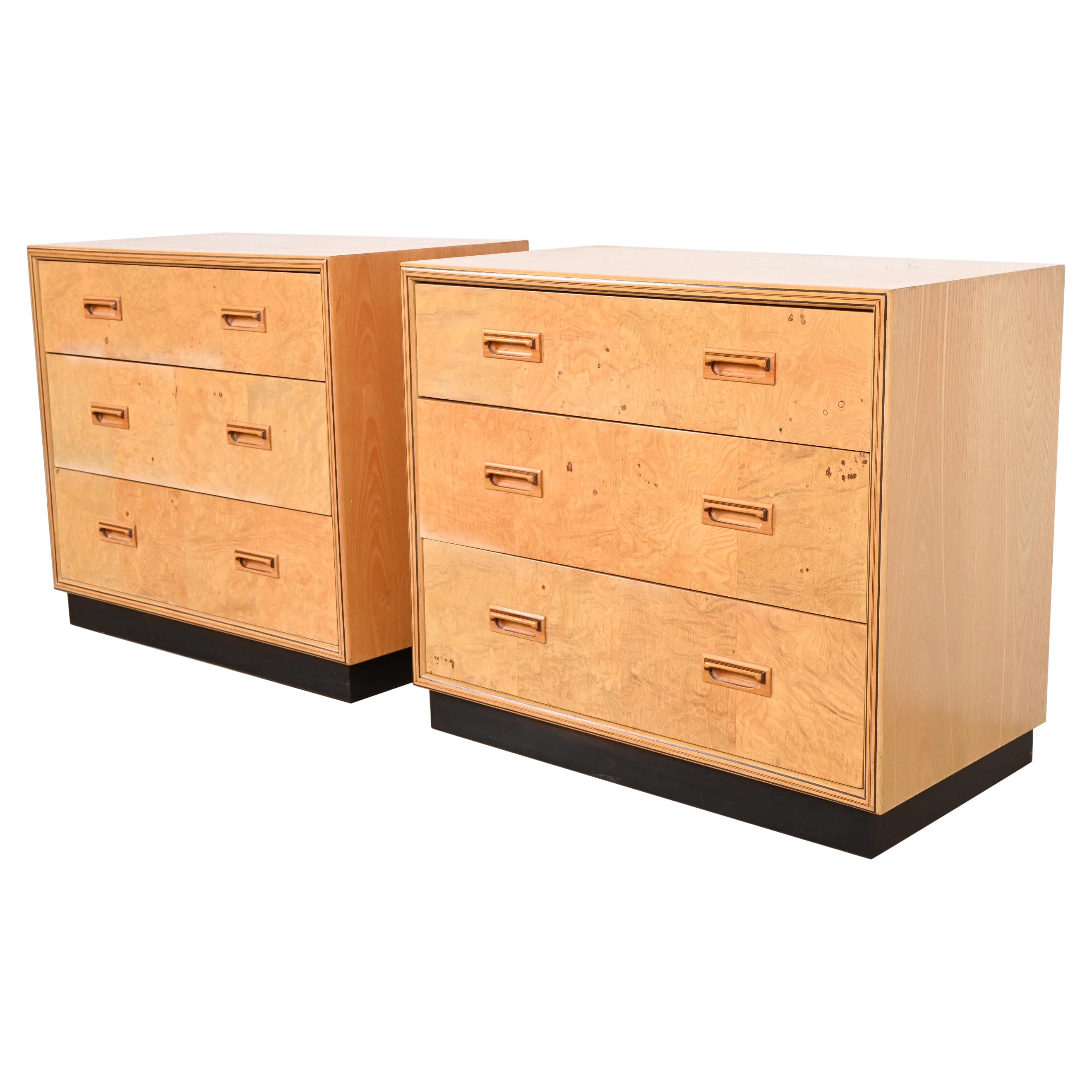 Milo Baughman Style Burl Wood Bedside Chests by Henredon, Pair For Sale