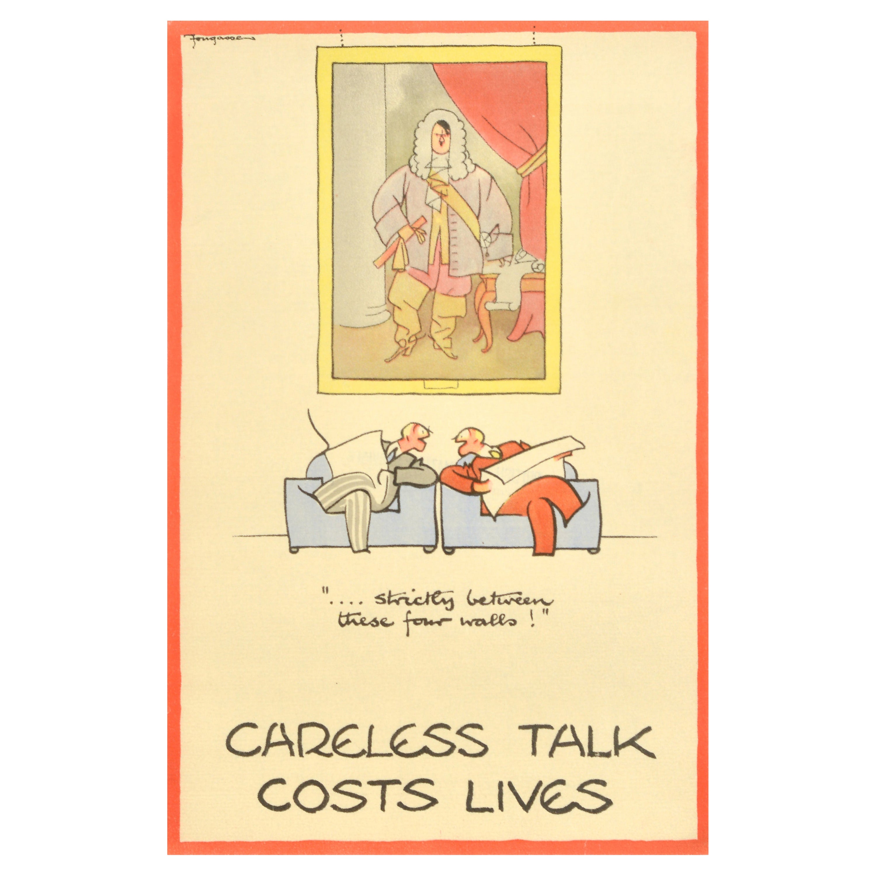 Affiche vintage d'origine de la Seconde Guerre mondiale - « Careless Talk Costs Lives Four Walls » - Fougasse