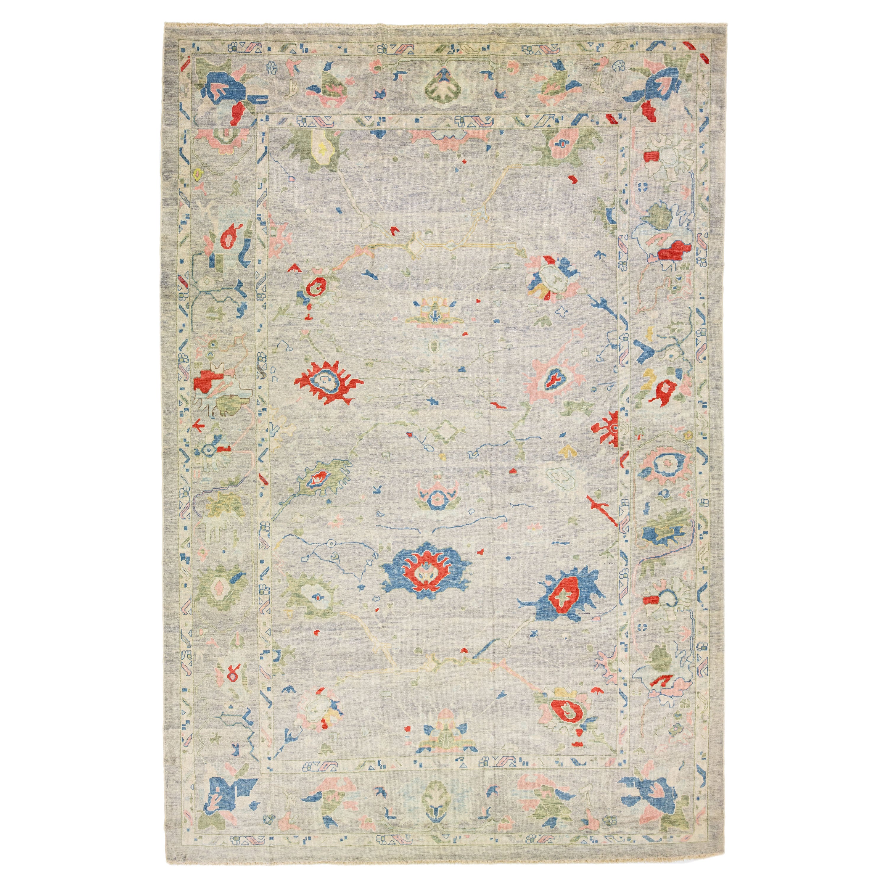 Floral Oushak Türkischer Wollteppich des 21. Jahrhunderts, handgefertigt mit mehrfarbigem Motiv