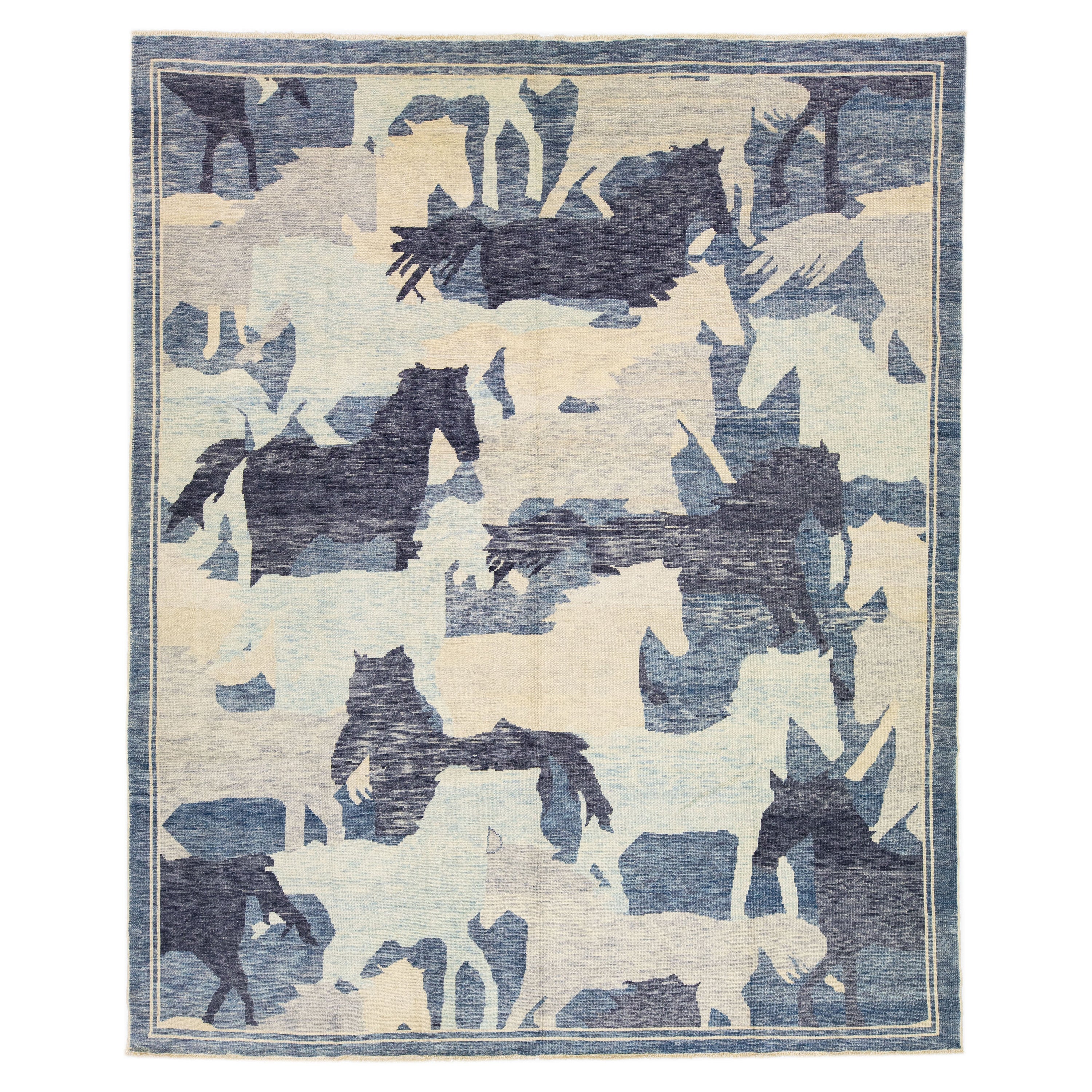 Blue Contemporary Turkish Wool Rug Handmade with Abstract Pictorial Motif For Sale