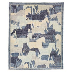 Blue Contemporary Turkish Wool Rug Handmade with Abstract Pictorial Motif